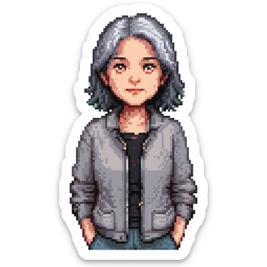 50-year-old woman with gray and black hair, neutral expression, simple clothing, pixel art style sticker