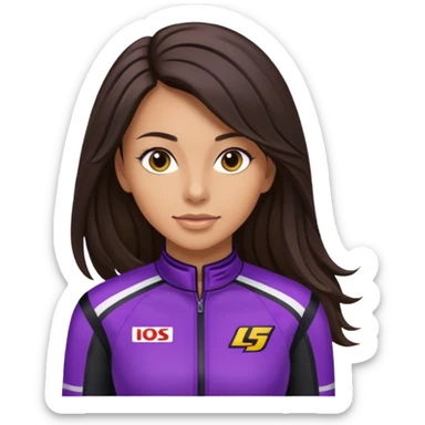 brunette long hair woman with black racing outfit with purple strips sticker