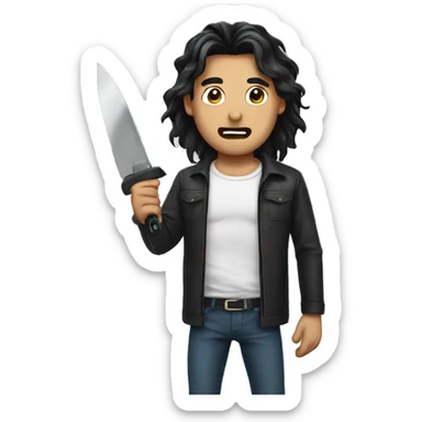 man holding a cutter, long black hair, cryiing sticker