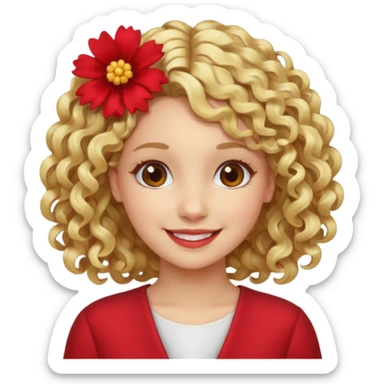 ["Fair skin female, curly blonde hair, red floral hair clip."] sticker