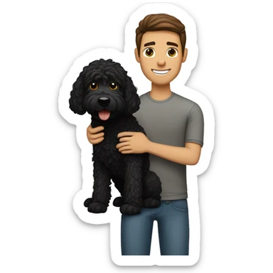 clean-shaven straight-haired brunette man holding black labradoodle sticker