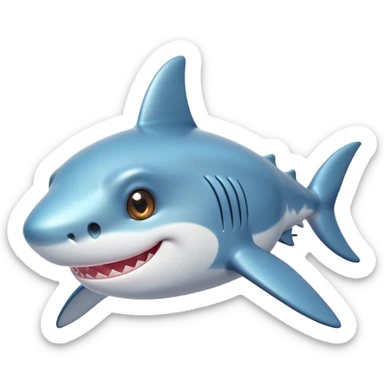 Cinematic Cute Shark Portrait Emoji, Head tilted playfully and inquisitively, featuring a glossy, streamlined body with a subtle shimmering hue and round, sparkling eyes filled with curious charm, Simplified yet irresistibly adorable features, highly detailed, glowing with a warm, friendly glow, high shine, affectionate and sleek, stylized with a touch of marine whimsy, bright and endearing, soft glowing outline, capturing the essence of a mischievous yet loving shark, so playful it feels like it could swim out of the screen into your arms! sticker