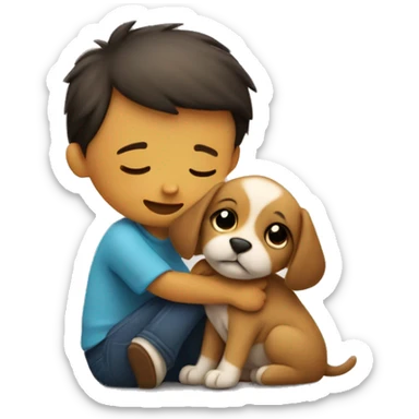 Small Puppy tightly hugs sitting boy  sticker