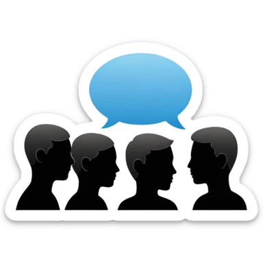 Minimalistic flat vector icon, iOS style, thin black contour on white background. Human head with speech bubble and small group of people silhouettes listening. Clean, no text, no shadows sticker