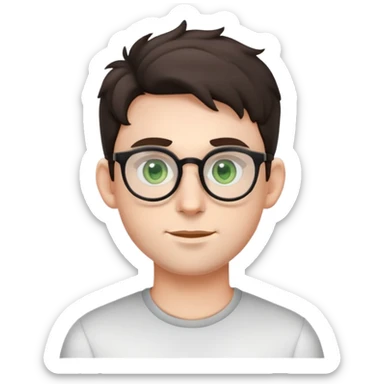 young male emoji with youthful face, poofier slightly curly dark hair, big ears, pale skin, glasses, green eyes set wider apart, very light stubble sticker