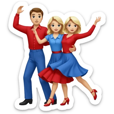 Two people. Man wearing all  RED with brown hair. Women  ALL blue with blond hair. Swing Dancing.  sticker