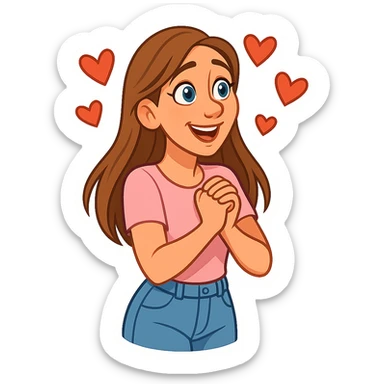 3D cartoon sticker, DreamWorks style of a 30-year-old woman with long light brown hair below shoulder blades, fair skin, large expressive blue eyes, slight bump on nose, wearing a pastel pink t-shirt and light blue mom jeans, in love with hearts around head, soft light, white sticker outline sticker