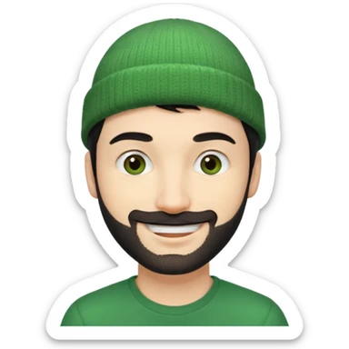 30-year-old French man, short black hair, green beanie, stubble, smiling sticker