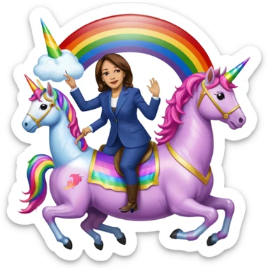 Kamala Harris and donald trump riding a rainbow unicorn sticker