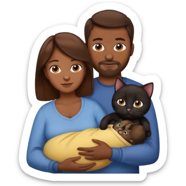 1 mom brown hair, 1 dad no beard, 1 baby and 1 black cat sticker