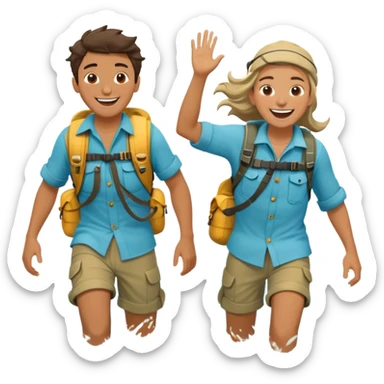Two friends stand in the ocean, dressed in sea-worn, explorer-like clothing—loose, flowing shirts and water-ready gear that hints at adventure. They splash each other playfully, laughing as the waves crash around them. Their eyes meet, full of joy and appreciation for the moment, completely immersed sticker