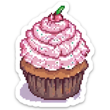 cupcake with pink icing, pixel art style sticker