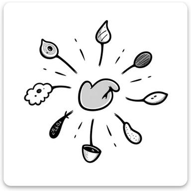 Glowing muscle fibers in the center, with protein foods (meat, egg, beans, tofu, yogurt) floating around but connected to each other forming a unified chain or cluster orbiting the muscle fibers. sticker