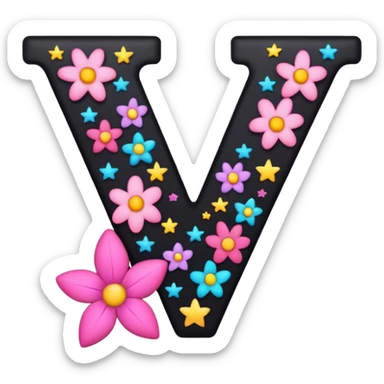 The letter V in black font with a pink heart stars and flowers sticker