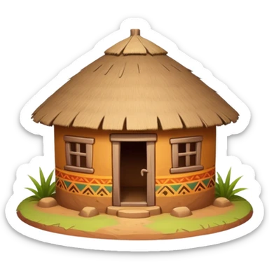 African mud hut tribal house, round adobe clay house, thatched roof, warm sunlight, colorful tribal patterns, cute mobile game icon, 3D cartoon, high detail, clean background sticker