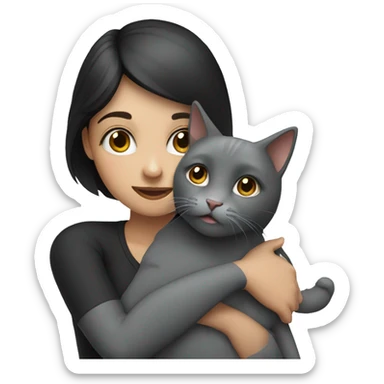 dark haired girl hugs gray cat sticker