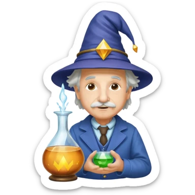 Albert Einstein, wearing wizard hat custome, with glas vase sticker