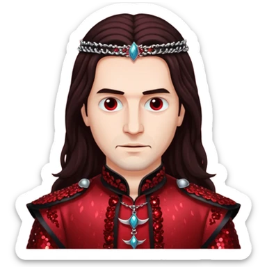 Vlad Tepes with long dark brown hair, dark red sequin outfit sticker