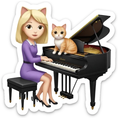 woman playing piano while her cat sits on top of the piano sticker