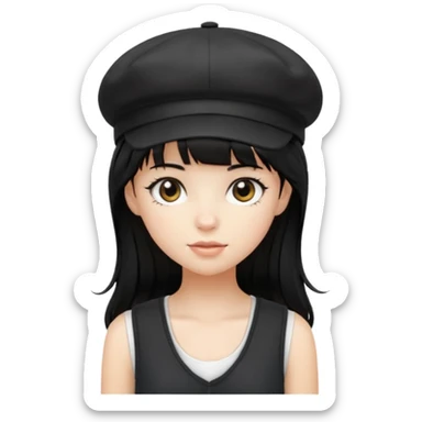 pinterst girl with heavy bang, black long hair and black newsboy cap on her hat, wearing white sleeveless  sticker