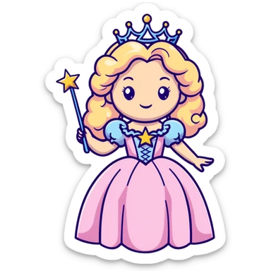 Glinda the Good Witch with long blonde curly hair, sparkling tiara, puffy pink ballgown, and magic wand with star sticker