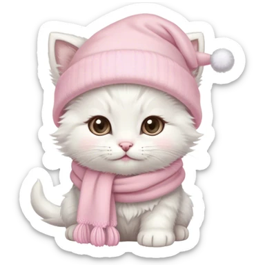 fluffy white winter kitten with pale pink christmas hat and pale pink scarf sticker