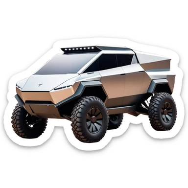 Tesla Cybertruck - A futuristic Tesla Cybertruck, angular and geometric with a sharp, triangular body shape. Stainless steel exoskeleton with a raw, unpainted, brushed-metal finish. A sleek, narrow LED light bar stretches across the entire front. Large, rugged off-road tires with exposed wheel arches. Smooth, handle-free doors and a slanted, armored rear with a retractable tonneau cover. Rear LED strip mirroring the front. The vehicle looks like a sci-fi-inspired, bulletproof stealth tank on wheels, set in a high-tech urban environment at sunset, with reflections on its metallic surface. sticker