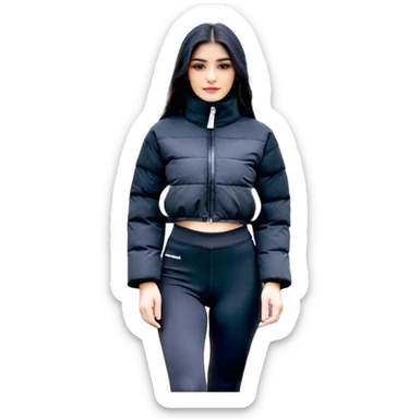 Siyah uzun saçlı siyah ceket  polar ceket ceket gevşek biraz omzundan çıkıyormuş gibi ve bugday ten rengi soltaraftaki omzundan çıkık sadece içinde de siyah crop var crop açık esmer esmer sticker