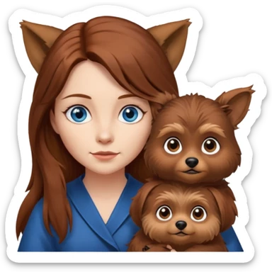 long hair chestnut color blue eyes woman holding small pointy ear ewok dog sticker