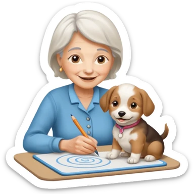An elderly woman sketching her puppy on the spiral pad. sticker