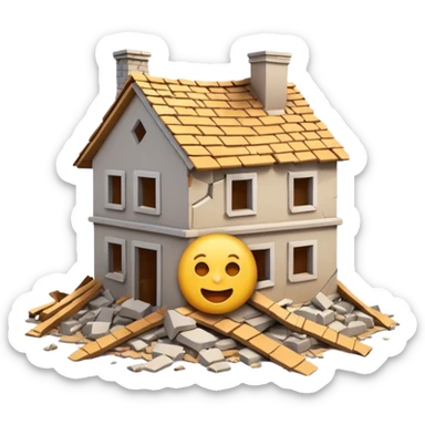 3D iPhone style emoji of a completely destroyed house, heavily damaged, collapsed into rubble, broken walls and roof scattered into debris, isolated on white background, soft shadows, high detail, playful and cute. sticker
