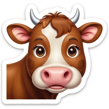 Cinematic Cute Brown Cow Portrait Emoji, Head tilted playfully and inquisitively, featuring a glossy, rich brown hide with a natural sheen, round, sparkling brown eyes filled with gentle curiosity, Simplified yet irresistibly adorable features, highly detailed, glowing with a warm, friendly glow, high shine, affectionate and serene, stylized with a touch of country charm, bright and endearing, soft glowing outline, capturing the essence of a mischievous yet loving cow, so playful it feels like it could moo out of the screen and into your arms! sticker