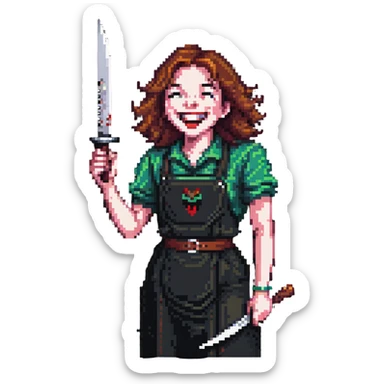 pixelated savage person in 1988 fashion with neon colors, holding knife, wicked laugh sticker