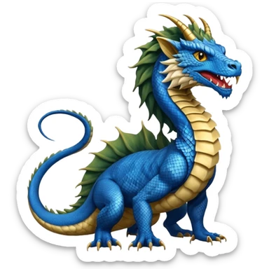 Mušḫuššu, mythic hybrid, blue or turquoise dragon-snake body, lion mane, lion forelegs, eagle talons hind legs, horned dragon head, lizard tail, snake tongue, no wings, ancient, regal sticker