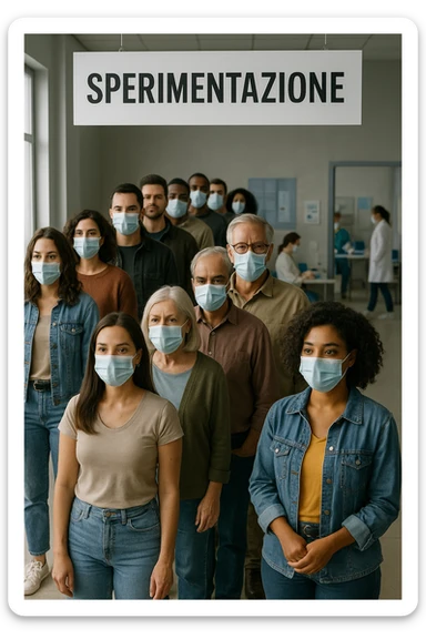 donne e uomini che fanno fila per i vaccini, chiamati "Sperimentazione" sticker