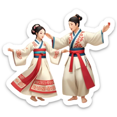 Cinematic Realistic scene of two performers engaging in Ganggangsullae, dressed in traditional Korean costumes with intricate patterns and graceful movements, illuminated by soft, festive lighting that accentuates the cultural ambiance sticker