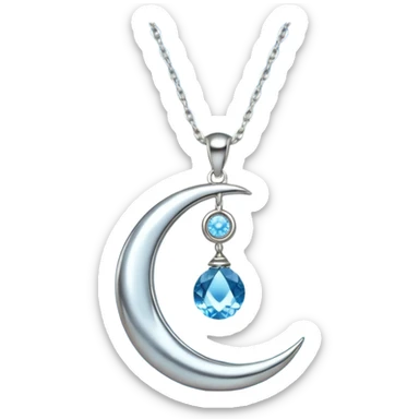 Silvery silver moon necklace with a light-blue crystal hanging attached necklace   sticker
