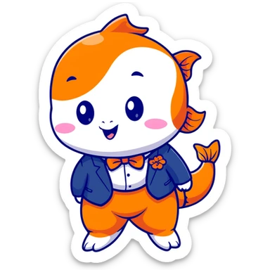 A super kawaii koi fish character with enormous cute eyes, blushing cheeks, bubbly playful expression, orange and white patterns, wearing a tiny business suit with bowtie sticker