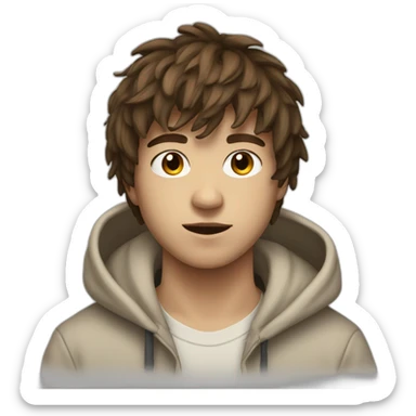 24-year-old boy with textured, messy fringe, brown hair, and an off-white hoodie. sticker