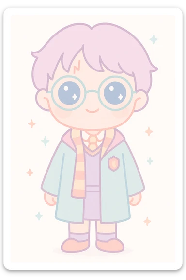 full body cute style character inspired by Harry Potter, big eyes, traditional Gryffindor uniform, round glasses, lightning scar on forehead, neutral friendly expression, standing sticker
