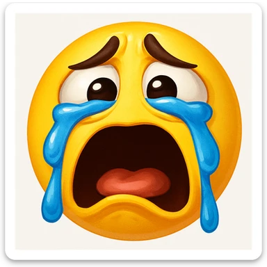 Create a sobbing face emoji in the same exaggerated, cartoonish style as the referenced shocked emoji. The face should have large eyes, an open mouth, tears streaming down, and a dramatic expression, matching the cartoonish exaggeration of the original. sticker