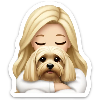 White girl blonde hair closed eyes white sweater hugging Yorkshire terrier  sticker