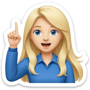  blue eyes blonde girl yelling into megaphone with right hand smiling long hair holding up left first finger sticker