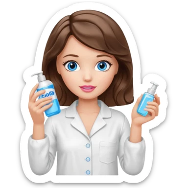Barbie girl with makeup, blue eyes , and bob long haircut wavy, short brown hair in white pajamas, face gel in hand sticker