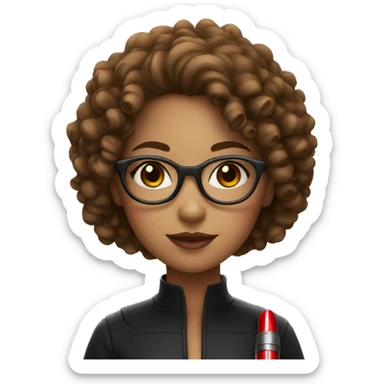A girl with glasses,curly hair with a red lightsaber sticker