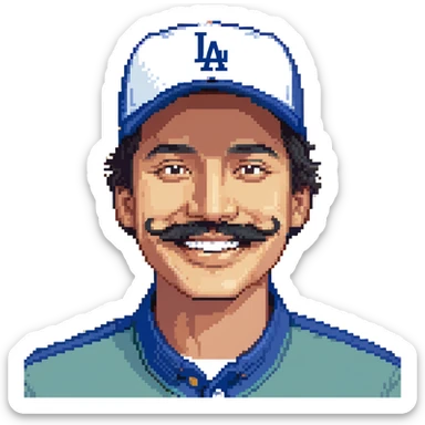 smiling Mexican man with mustache, LA Dodgers cap, blue shirt sticker