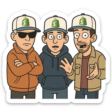 the Beastie Boys wearing hats with the Shopify logo sticker