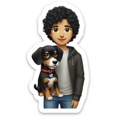 Young russian programmer with curly black hair with dog Entlebucher zennenhund sticker