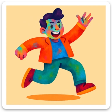 Make the man's skin colorful, with vibrant, lively hues and a playful, artistic look, keeping the energetic style and expression. sticker
