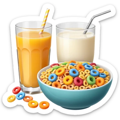A glass of juice and a bowl with cereals sticker